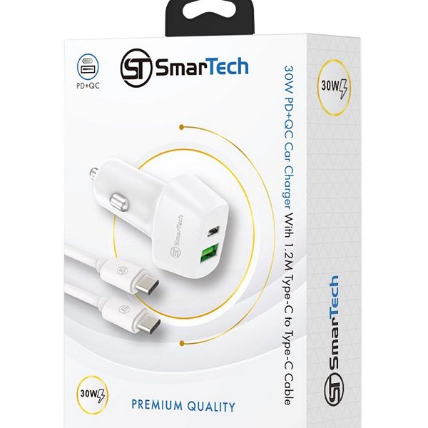 מטען רכב PD+USB 30W עם כבל טייפ-סי לטייפ-סי - דגם STCC30W מבית SmarTech - טעינה מהירה ובטוחה בדרכים