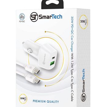מטען רכב PD+USB 30W עם כבל טייפ-סי לטייפ-סי - דגם STCC30W מבית SmarTech - טעינה מהירה ובטוחה בדרכים